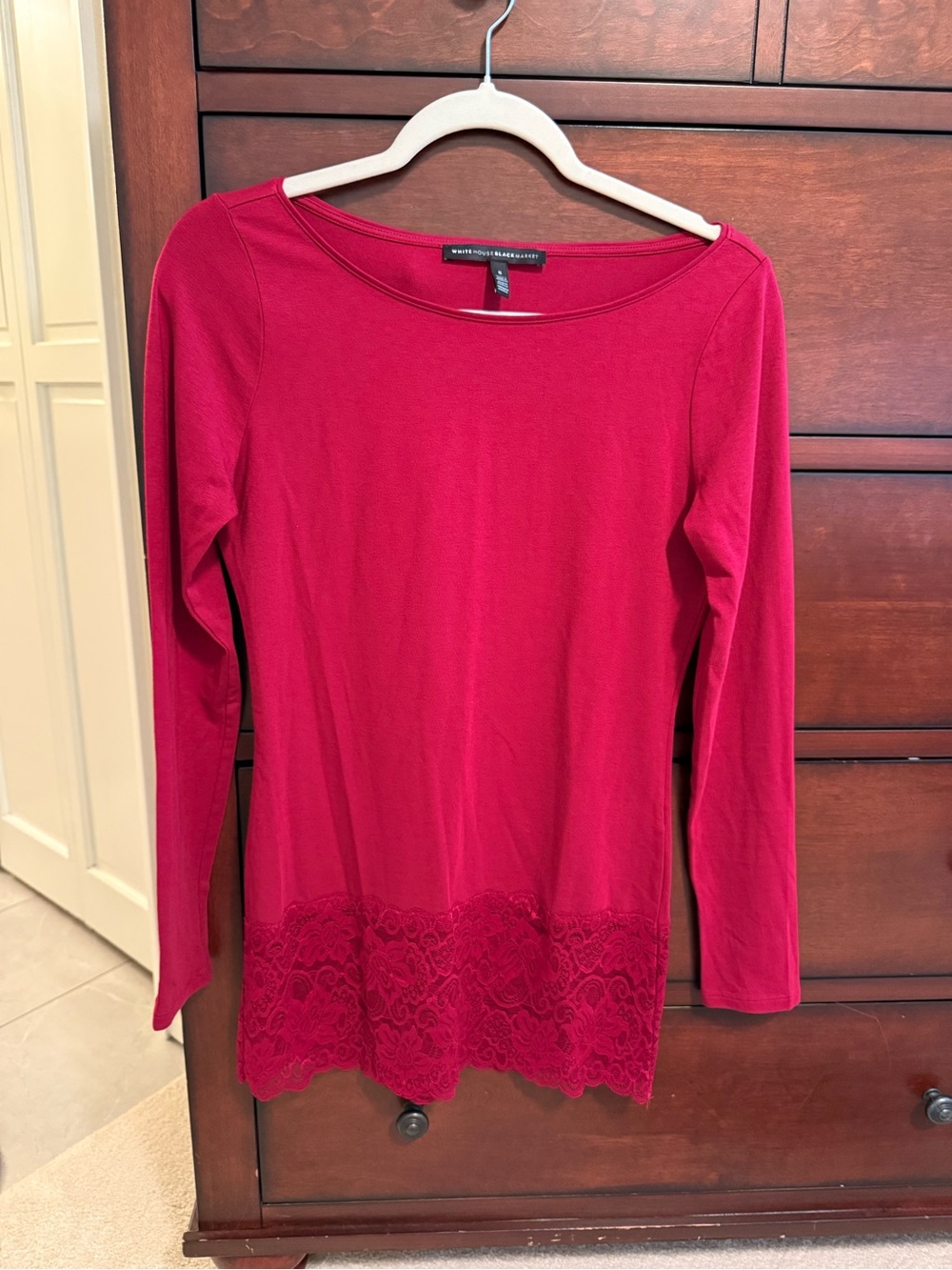 White House Black Market Red Long Sleeve Top with Lace Hem